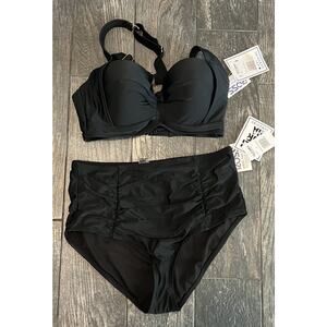 Cali For Nia Black Ruched two-piece bikini 0X High Waisted Swimsuit Plus
